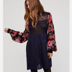 Free People Black Rose & Shine Floral Metallic Sweater